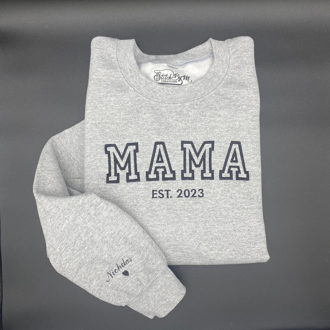 Mama EST Embroidered Sweatshirt, Custom Mama Shirt With Names, Heart On Sleeve
