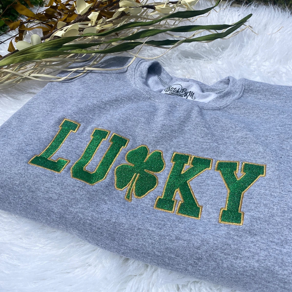 St. Patrick's Day Embroidered Shiny Metallic Sweatshirt, Gift, Embroidered Crew
