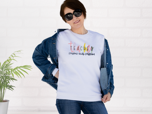 Teacher Crayons Kids Caffeine Embroidered Sweatshirt