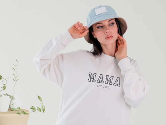 Mama EST Embroidered Sweatshirt, Custom Mama Shirt With Names, Heart On Sleeve