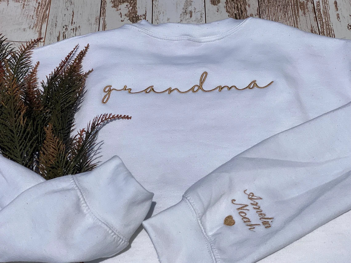 Grandma Embroidered Sweatshirt, Custom Shirt with Kids Names on the Sleeve