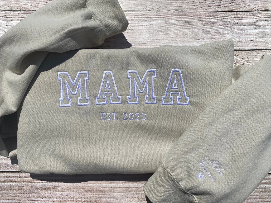Mama EST Embroidered Sweatshirt, Custom Mama Shirt With Names, Heart On Sleeve